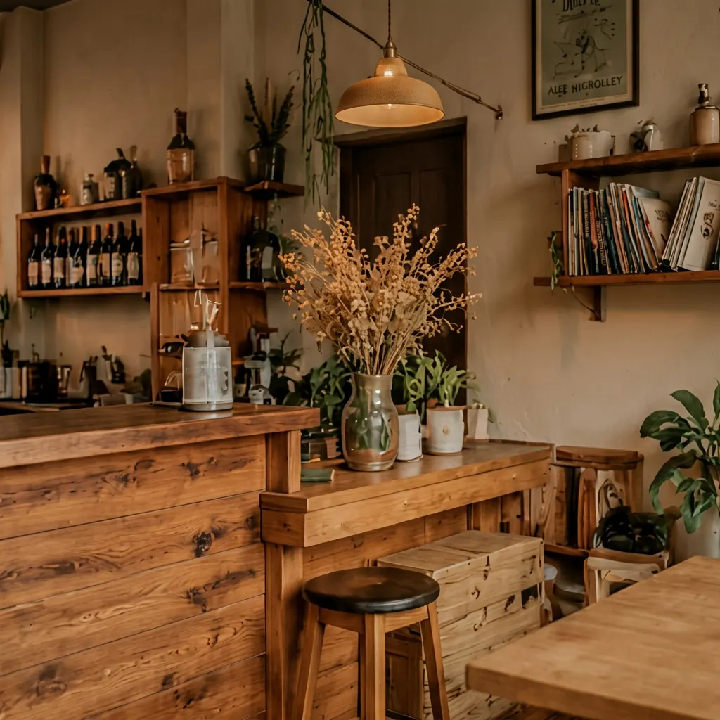 Interior cálido de Mirlo del Barrio: barra de madera, vinilos y plantas